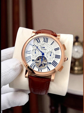 Premium Luxury Rose Gold Classic Analog Watch for Men | Roman Numeral Dial with Brown Leather Strap | Formal & Party Wear Watch