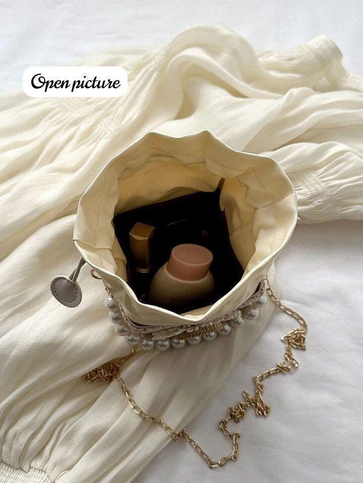“Women’s Floral Design Pearl Handle Straw Bucket Sling Bag – Premium Mini Hand Carry Bag”
