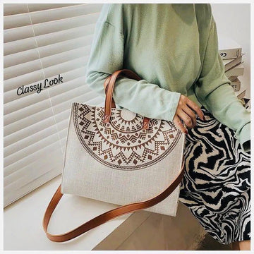 “Women’s Boho Embroidered Canvas Tote Bag – Premium Handbag with Leather Look Straps”