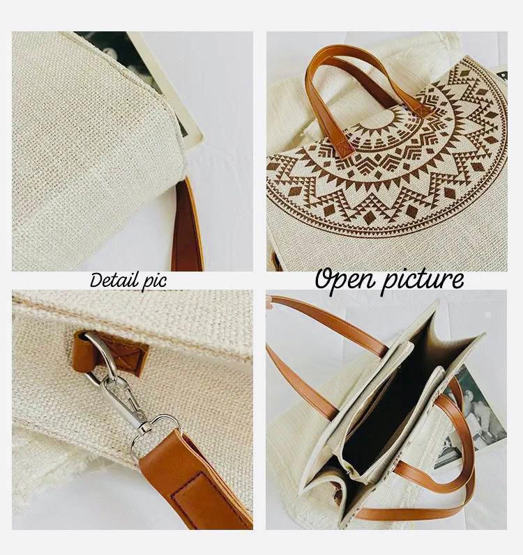 “Women’s Boho Embroidered Canvas Tote Bag – Premium Handbag with Leather Look Straps”