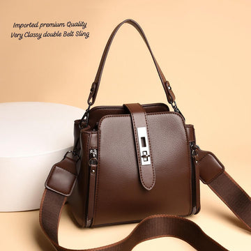 “Women’s Premium Double Belt Sling Bag – Stylish Leather Crossbody with Lock Design”