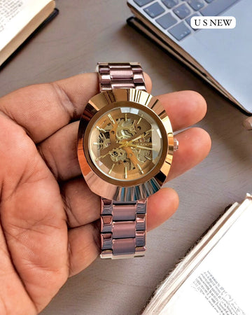 Premium Men’s Skeleton Automatic-Style Stainless Steel Wrist Watch (Rose Gold Finish)