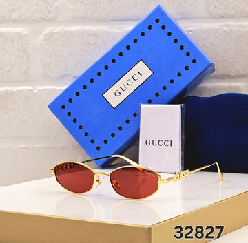 Premium Inspired Oval Red Tinted Sunglasses – Golden Metal Frame | Model 32827