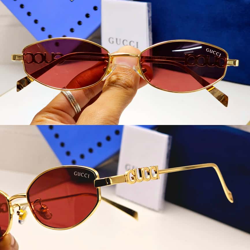 Premium Inspired Oval Red Tinted Sunglasses – Golden Metal Frame | Model 32827
