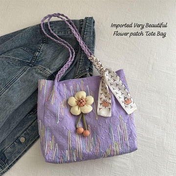 Imported Stylish Flower Patch Tote Bag for Women – Lavender Colour, Trendy Design