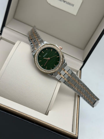 Premium Dual-Tone Stainless Steel Women’s Luxury Watch with Green Dial & Crystal Bezel