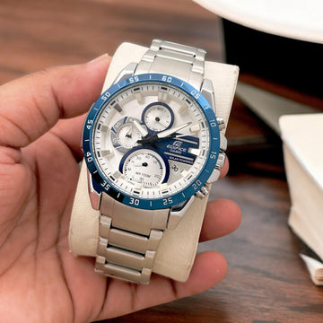 “Men’s Premium Stainless Steel Chronograph Style Watch – Blue Bezel, Multi-Function Dial, Waterproof Design”