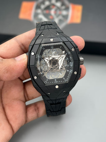Premium Black Geometric Skeleton Dial Watch with Rubber Strap | Luxury Inspired Design