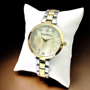 Raspberry Women’s Luxury Dual-Tone Analog Wrist Watch | Crystal Studded Dial | Premium Metal Strap