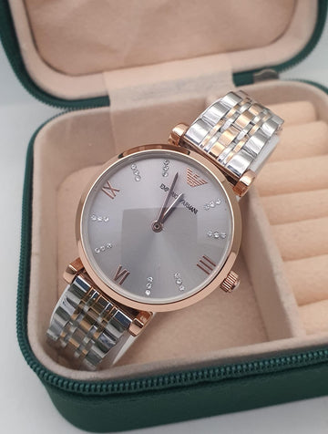 Premium Women’s Luxury Analog Wrist Watch | Silver-Rose Gold Dial | Crystal Studded Markers | Stainless Steel Two-Tone Strap