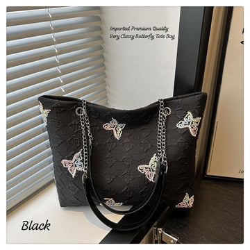 Imported Premium Quality Butterfly Embroidered Tote Bag for Women | Black Stylish Shoulder Bag | Trendy Chain Handle Tote