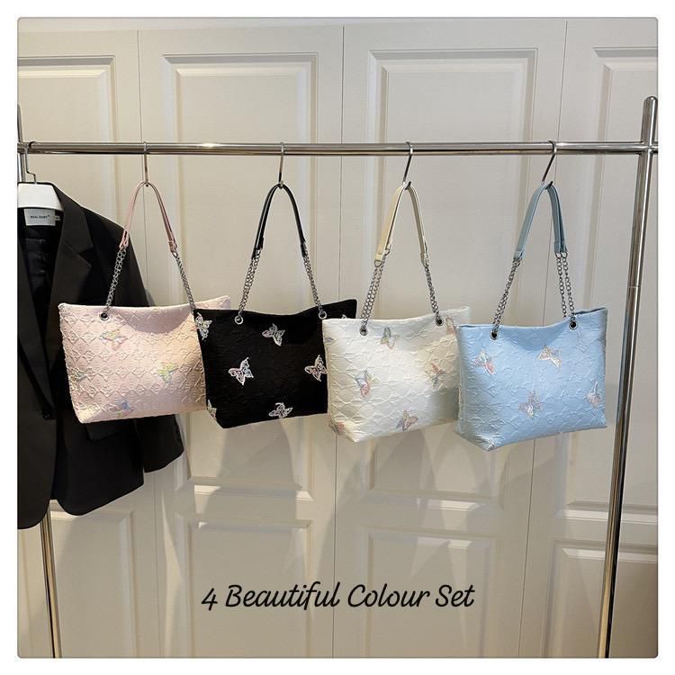 Imported Premium Quality Butterfly Embroidered Tote Bag for Women | Black Stylish Shoulder Bag | Trendy Chain Handle Tote
