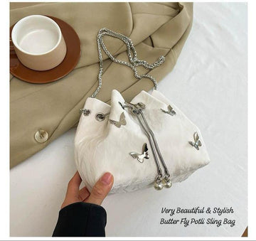 Premium White Butterfly Potli Sling Bag for Women | Trendy Chain Sling | Stylish Party & Casual Bag