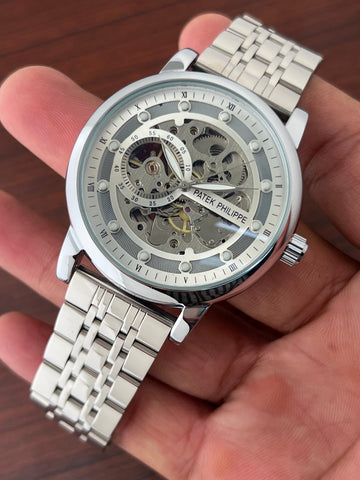 Patek Philippe Style Skeleton Automatic Stainless Steel Luxury Watch – Transparent Mechanical Dial