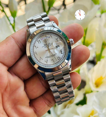 Rolex Style Oyster Perpetual Day-Date Arabic Dial Luxury Men’s Watch – Silver Stainless Steel