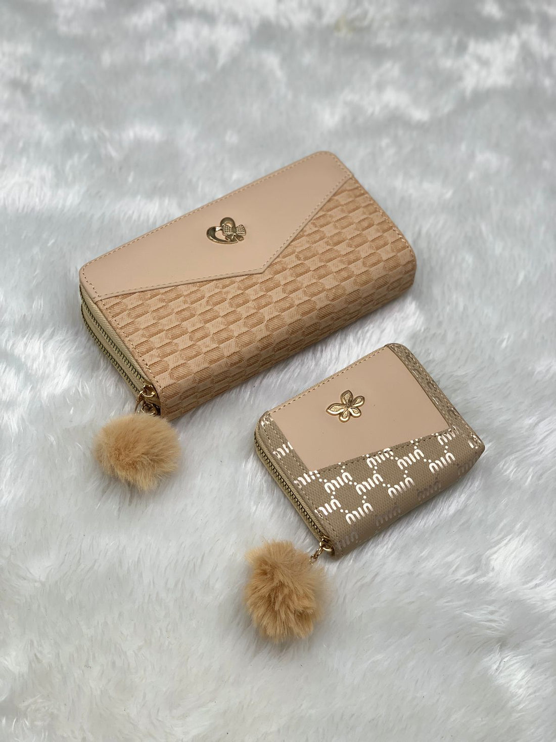 Women’s Premium Black Wallet Combo Set (Long Wallet + Small Zip Wallet) with Golden Detailing & Fur Pom-Pom – Stylish & Elegant