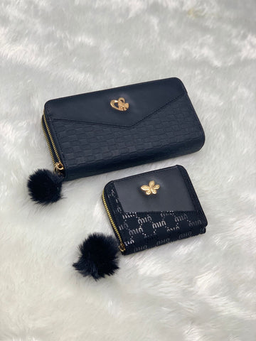 Women’s Premium Black Wallet Combo Set (Long Wallet + Small Zip Wallet) with Golden Detailing & Fur Pom-Pom – Stylish & Elegant