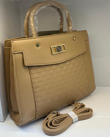 Designer-Style Beige Top Handle Shoulder Bag with Embossed Geometric Pattern