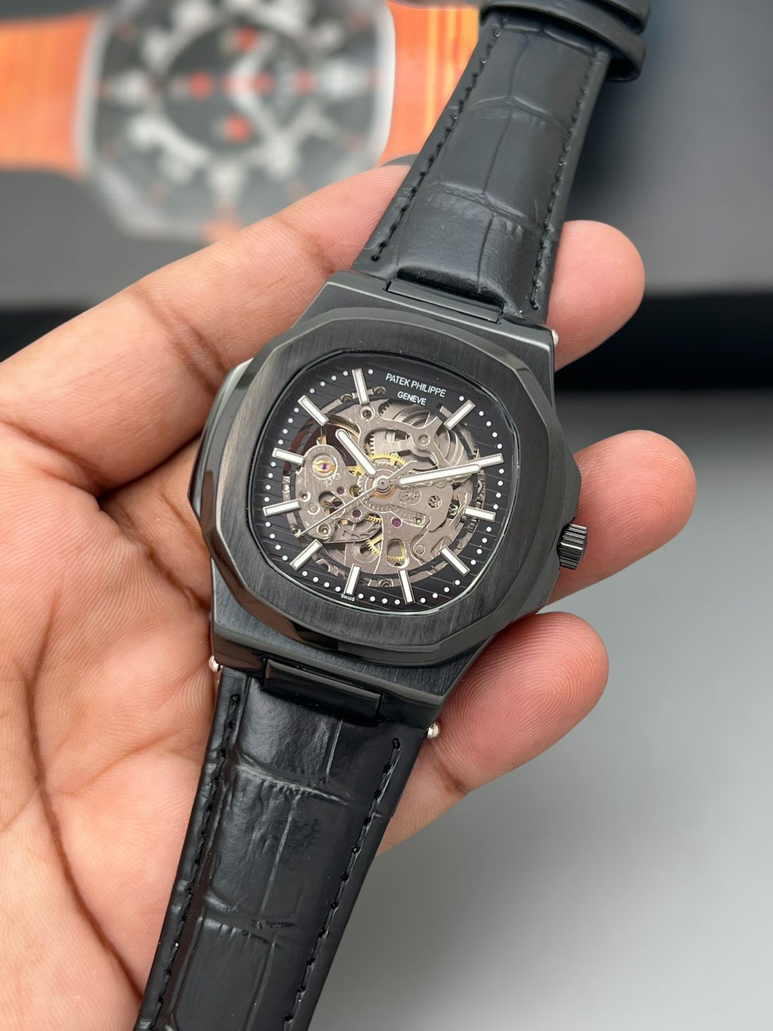 Premium Skeleton Dial Automatic Watch for Men | Green Leather Strap | Transparent Mechanical Movement