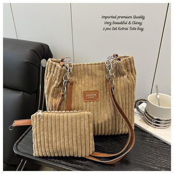 Women’s Imported Premium Corduroy 2-Piece Tote Bag Set – Stylish & Classy Shoulder Bag with Matching Pouch