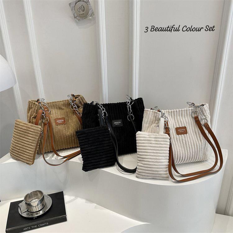 Women’s Imported Premium Corduroy 2-Piece Tote Bag Set – Stylish & Classy Shoulder Bag with Matching Pouch