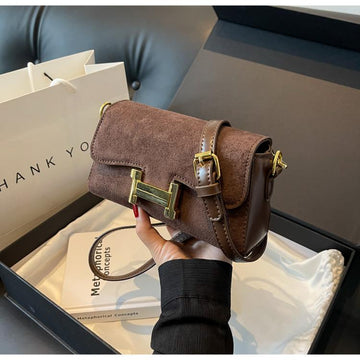 Women’s Premium Suede Leather Crossbody Sling Bag – Brown with Gold Metal Accent