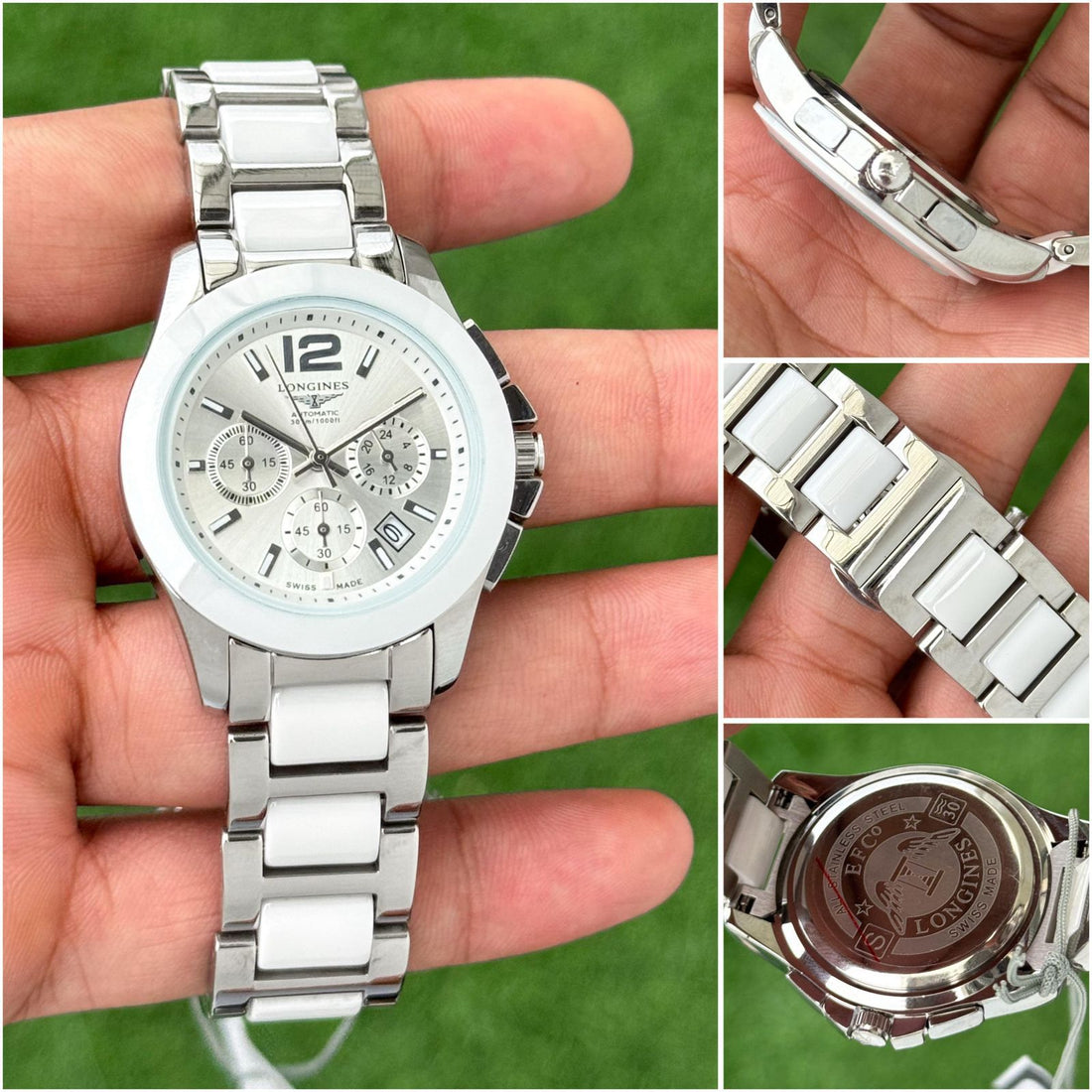 Longines Stainless Steel & White Ceramic Chronograph Luxury Wristwatch for Women