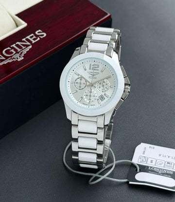Longines Stainless Steel & White Ceramic Chronograph Luxury Wristwatch for Women