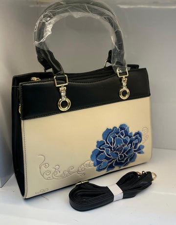 Women’s Premium Embroidered Handbag – Black & Cream Floral Design with Detachable Shoulder Strap