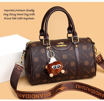 Premium Imported Designer Duffle Style Women’s Handbag with Broad Strap & Cute Keychain – Brown