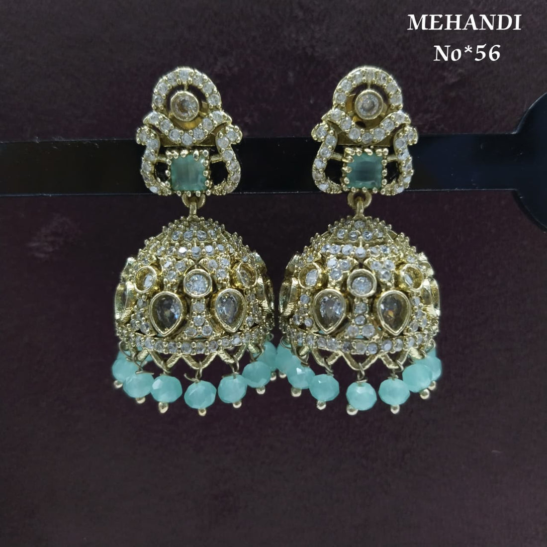 Premium Mehandi Finish Stone-Studded Bridal Jhumka Earrings | Heavy Designer Dome Jhumki with Bead Drops | Model No. 56