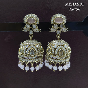 Premium Mehandi Finish Stone-Studded Bridal Jhumka Earrings | Heavy Designer Dome Jhumki with Bead Drops | Model No. 56