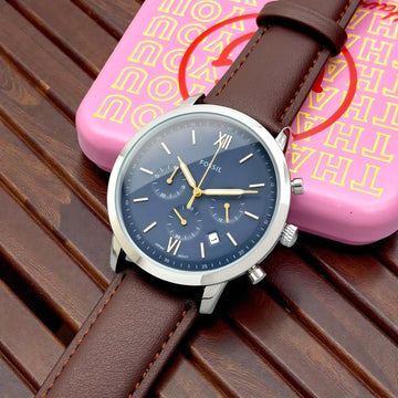 Fossil Men’s Blue Dial Chronograph Watch with Brown Leather Strap | Premium Analog Multifunction Wrist Watch