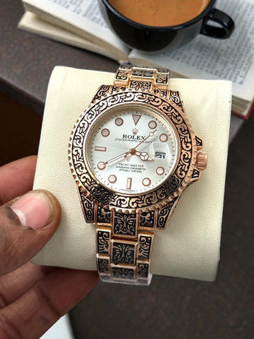 Premium Engraved Luxury Men’s Wristwatch – Rose Gold Stainless Steel | Yacht Style Dial | Date Funct