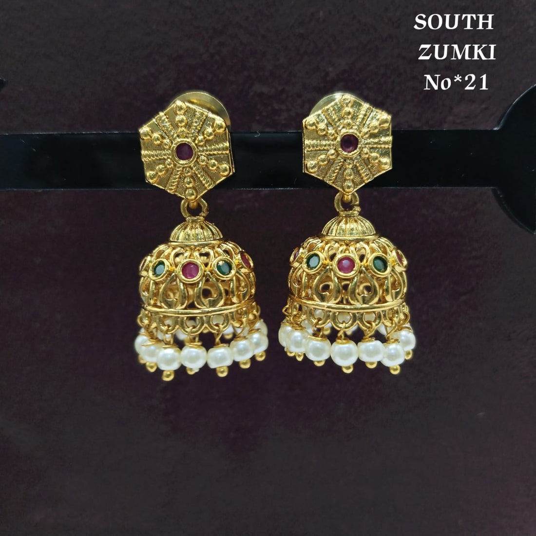 South Indian Traditional Gold-Plated Zumki Jhumka Earrings | Ruby–Green Stones & Pearl Drops | No. 21
