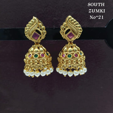 South Indian Traditional Gold-Plated Zumki Jhumka Earrings | Ruby–Green Stones & Pearl Drops | No. 21