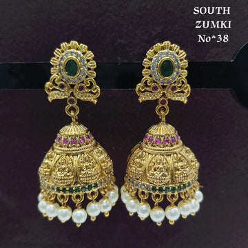 South Indian Traditional Gold-Plated Temple Zumki Jhumka Earrings | Ruby–Green Stones & Pearl Drops | No. 38