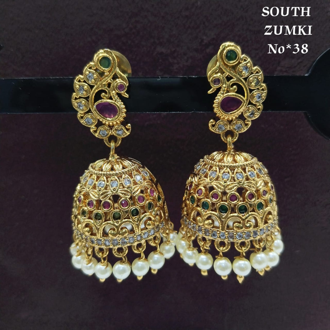 South Indian Traditional Gold-Plated Temple Zumki Jhumka Earrings | Ruby–Green Stones & Pearl Drops | No. 38
