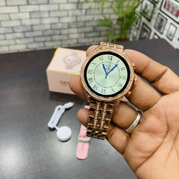 Premium Rose Gold Smartwatch for Women | Full Touch Display | Metal Strap + Extra Silicone Strap | Luxury Crystal Bezel Smart Watch