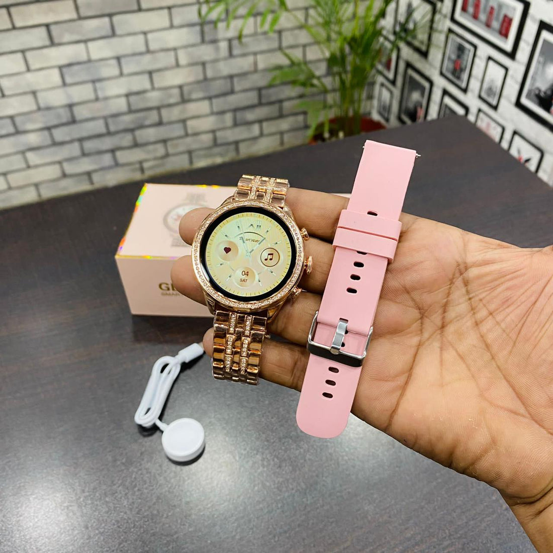 Premium Rose Gold Smartwatch for Women | Full Touch Display | Metal Strap + Extra Silicone Strap | Luxury Crystal Bezel Smart Watch