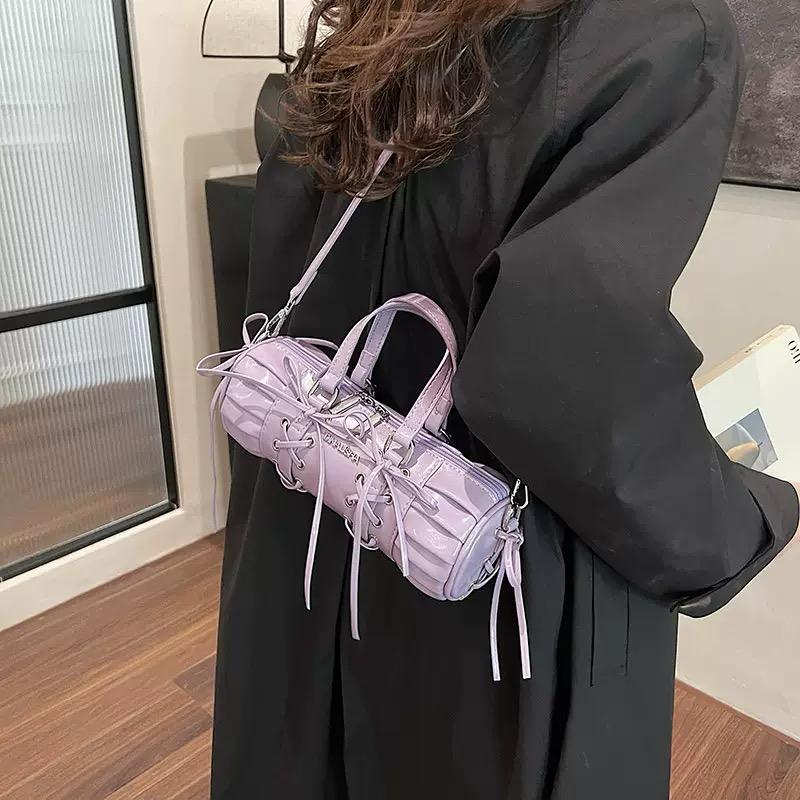 Premium Black Glossy Leather Lace-Up Barrel Handbag | Trendy Cylinder Shape Sling Bag