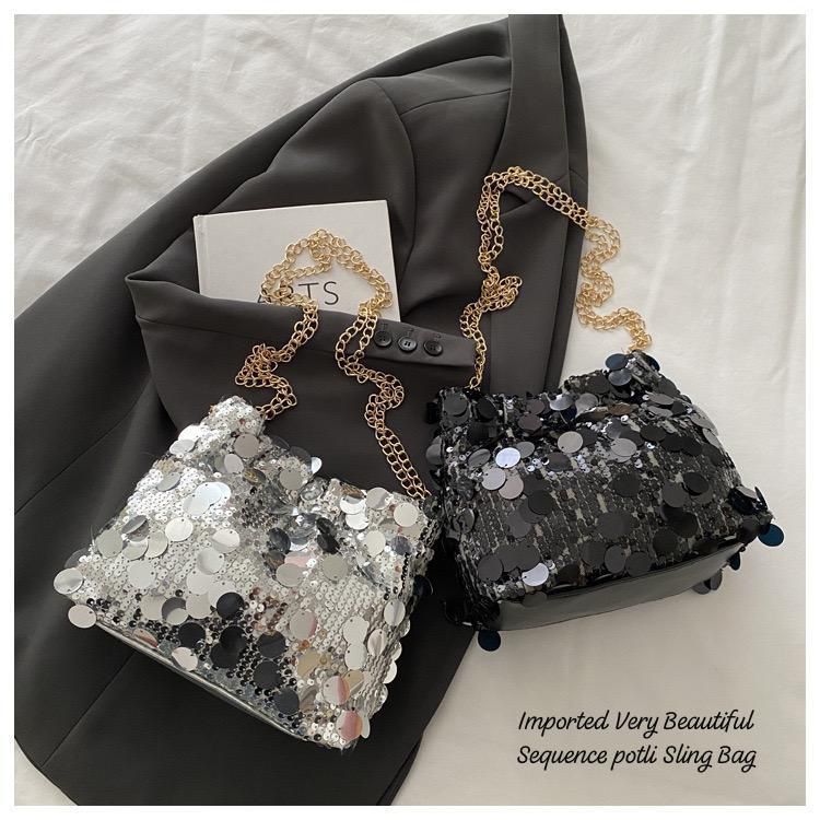 Premium Imported Sequins Potli Sling Bag with Golden Chain – Party & Festive Wear
