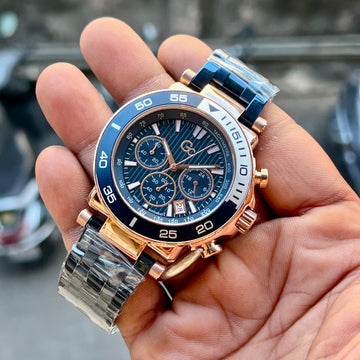 Premium Luxury Chronograph Men’s Watch | Blue Dial & Rose-Gold Case | Dual-Tone Stainless Steel Strap | Analog Date Display