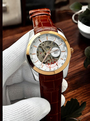 Premium Skeleton Dial Men’s Watch – Brown Leather Strap