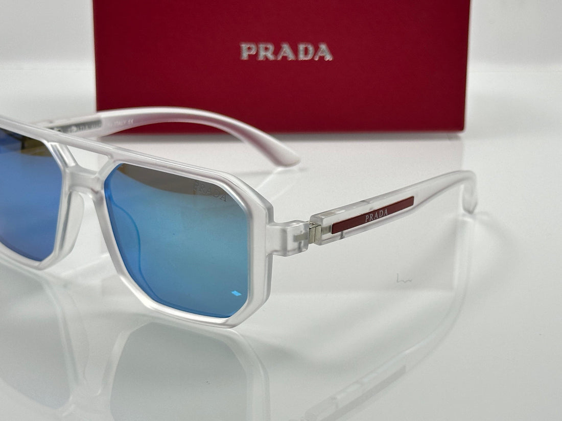 Premium Designer-Inspired Shield Sunglasses | Transparent White Frame with Blue Mirror Lens | UV400 Protection | Men & Women Sports Fashion Eyewear