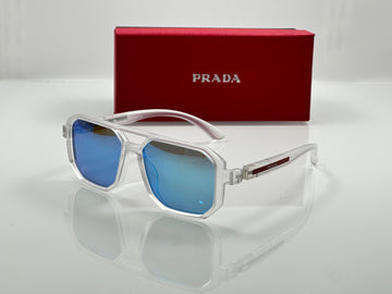 Premium Designer-Inspired Shield Sunglasses | Transparent White Frame with Blue Mirror Lens | UV400 Protection | Men & Women Sports Fashion Eyewear
