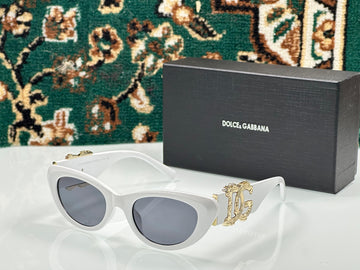 Premium Designer-Inspired Cat Eye Sunglasses for Women | White Frame with Gold Side Logo | UV400 Black Lens | Luxury Fashion Eyewear