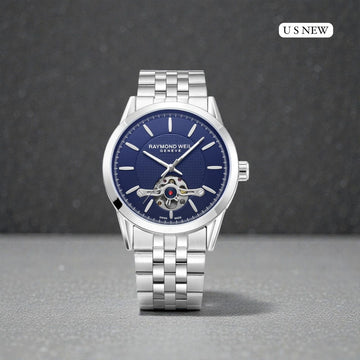 Premium Silver Stainless Steel Men’s Watch with Blue Dial – Open Heart Design