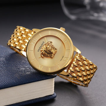 Golden Stainless Steel Designer Wrist Watch with Medusa Dial