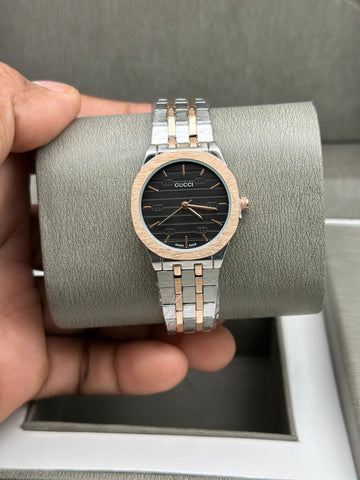 Men’s Luxury Two-Tone Steel Analog Watch – Black Dial (Gucci Style Inspired)